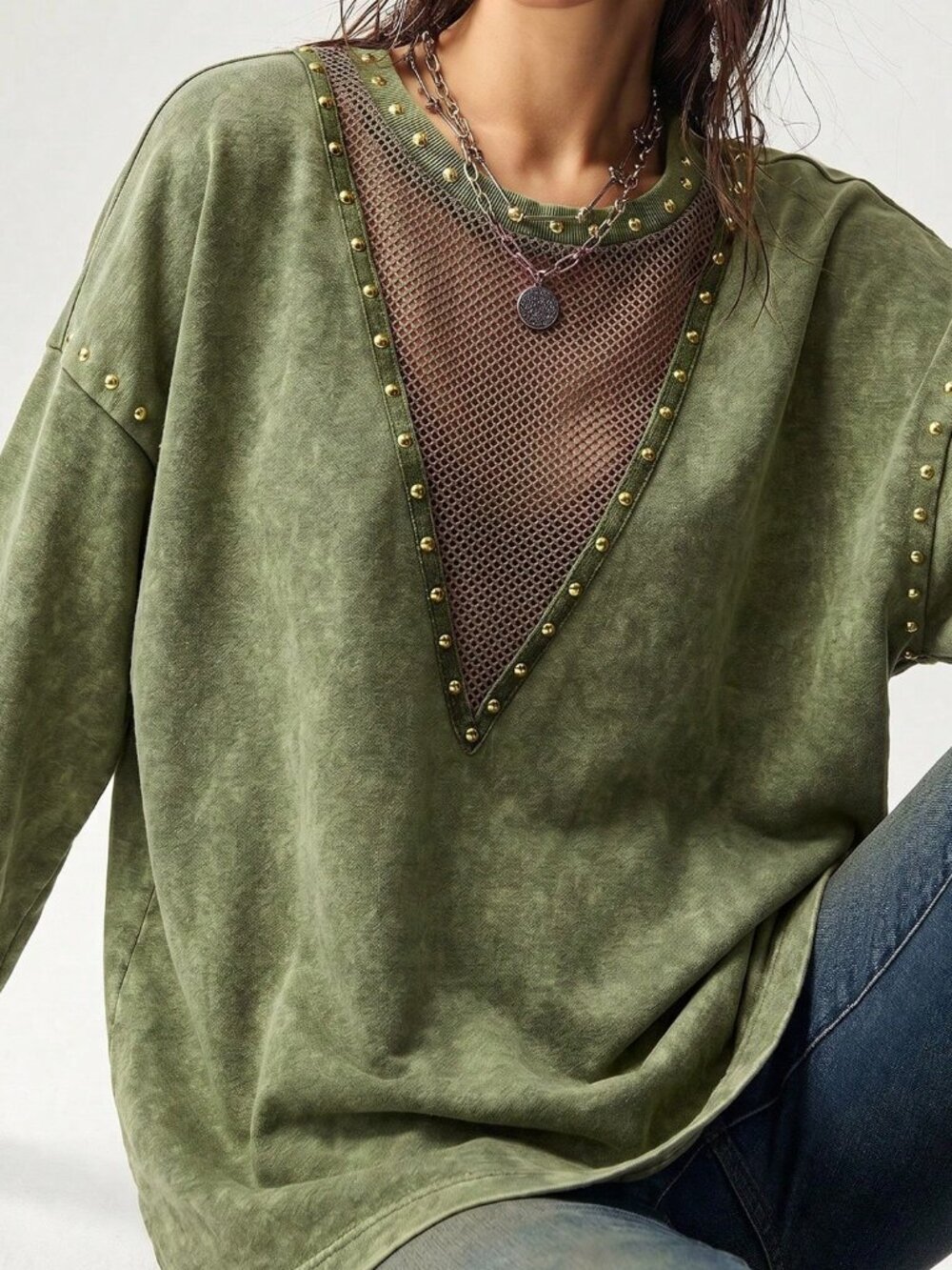 Army Green Casual Women's Plain Contrast Mesh Drop Shoulder Long Sleeve Pullover